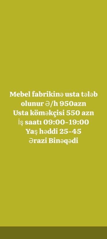 xırdalan mebel fabriki: Yükvuran fəhlə. Təcrübəli. 6/1. Binəqədi r. r-nu