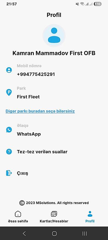 водитель такси: MSolutions tətbiqində “Profil” bölməsinin ekran görüntüsünə əsaslanan — 1