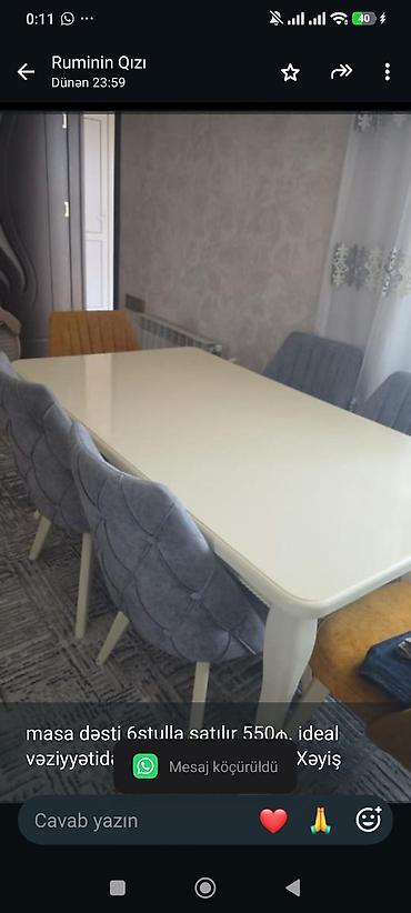 Masa dəsti 6stulla satılır 550₼. ideal vəziyyətidədi. ünvan Sulutəpə lalafo.az -da Masa dəsti 6stulla satılır 550₼. ideal vəziyyətidədi. ünvan Sulutəpə