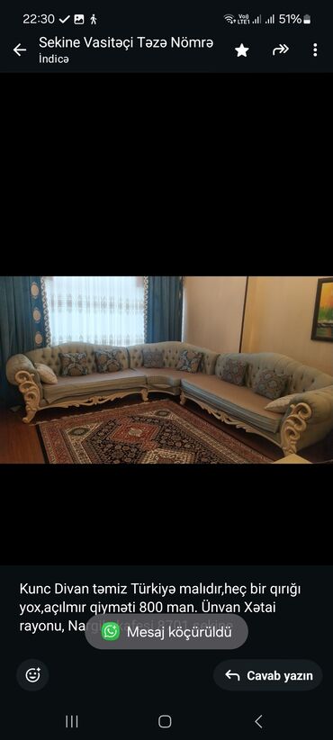 Divanlar: Künc divan, İşlənmiş, Çatdırılma yoxdur