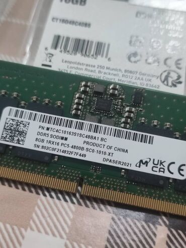 оперативная память so dimm: Оперативдик эс-тутум, Колдонулган, Micron, 8 ГБ, DDR5, 4800 МГц, Ноутбук үчүн