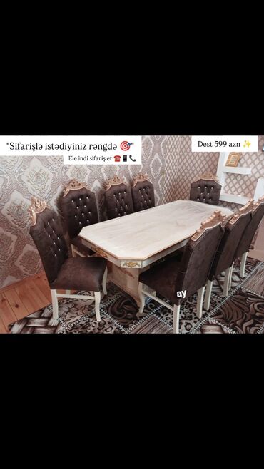 Masa və oturacaq dəstləri: 📌 “Zövqlə seçilən *masa dəsti*– ailəvi rahatlıq üçün!” 📏 Ölçü: 93×2+8