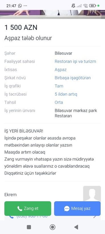 gence iş elanlari 2023: Aşpaz vakansiyası - Maaş: 1 500 AZN - Şəhər: Biləsuvar - Sahə