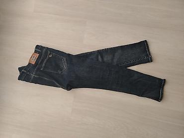 ucuz bijuteriyalar: Tünd mavi rəngdə klassik düz kəsimli cins şalvar. - Material: denim — 3
