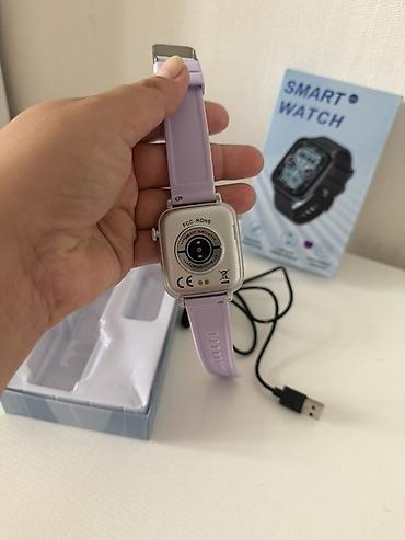 touch screen: Smart Watch – kvadrat ekranlı, bənövşəyi silikon qayışlı ağıllı saat — 3