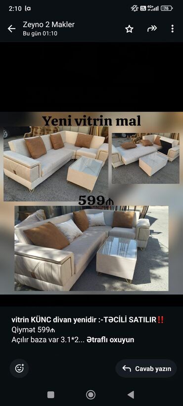 Yataq otağı dəstləri: Künc divan, Yeni, Açılan, Bazalı, Çatdırılma yoxdur