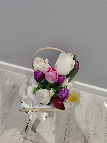 Букеты из живых цветов: Мини-композиция из тюльпанов в корзиночке - Состав: свежие тюльпаны — 1