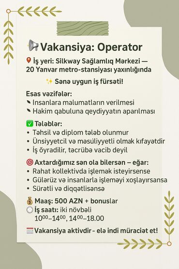 Taksi, logistika, çatdırılma: Sağlamlıq Mərkəzinə Operatorlar axtarılır