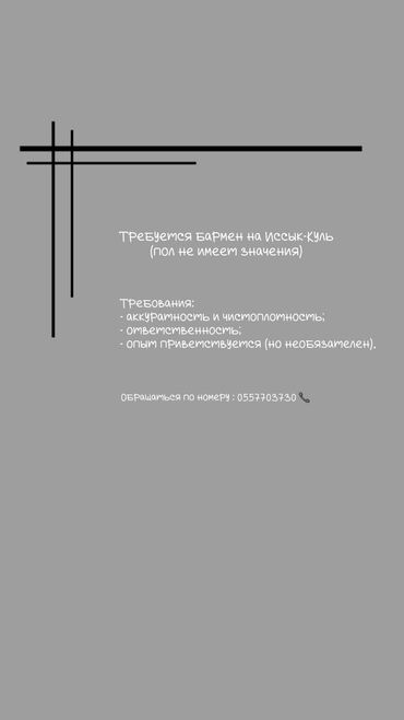 работа горничная отель: Требуется Бармен, Оплата Ежедневно, Без опыта