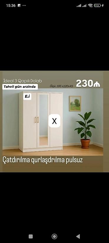 Мебель: İdeal 3 qapılı dolab - Ölçü: 195 x 120 x 45 sm - Dizayn: 3 qapı, ön — 1