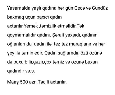 услуги сиделки с проживанием: Yasamalda yaşlı qadına hər gün Gecə və Gündüz baxmaq üçün baxıcı qadın