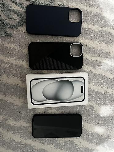 iphone osh: IPhone 15, Б/у, 128 ГБ, Black Titanium, Чехол, Коробка, 100 % — 1