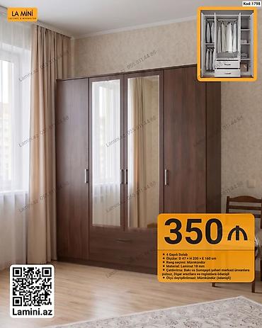 4 qapılı şkaf – Kod: 1798 - Ölçülər: D 47 × H 200 × E 160 sm - Rəng