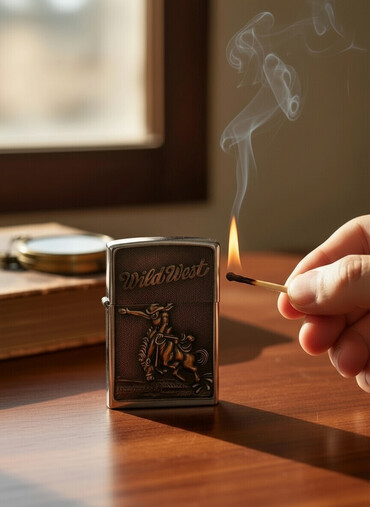 Qəlyan, vayp və aksesuarları: Zippo benzinli alışqan – Wild West temalı - Brend: Zippo (Bradford — 1