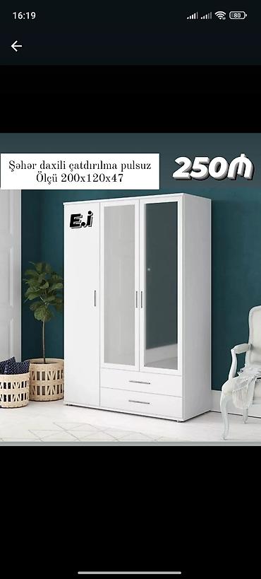 gardirob: Yeni, 3 qapılı, Siyirməli, Ağ, Açılan, Düz dolab — 1