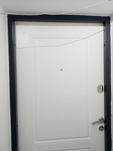 Giriş qapıları: Ağ rəngli giriş qapısı – klassik panel dizaynlı, qara metal karkaslı — 2