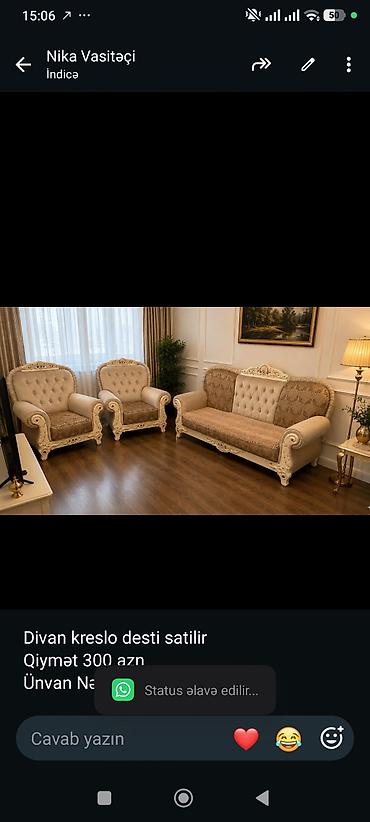 divan krislo: Divan kreslo desti satilir 
Qiymət 300 azn
Ünvan Nəsimi 
Nika0332 — 1