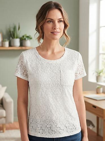 massimo dutti baletanke: Ženska majica sa čipkom, bela - Kroj: klasičan, ravna silueta - — 1