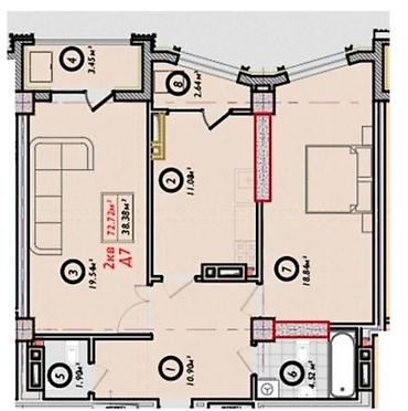 20000: 2 комнаты, 72 м², 8 этаж — 1
