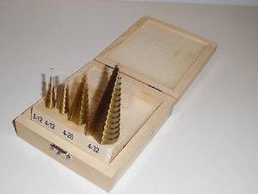 Burgije: Set stepenastih burgija u drvenoj kutiji - 4 komada titanisano — 8