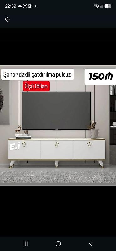 TV altlığı / TV tumbası - Ölçü: 150 sm - Rəng: ağ, qızılı detallarla