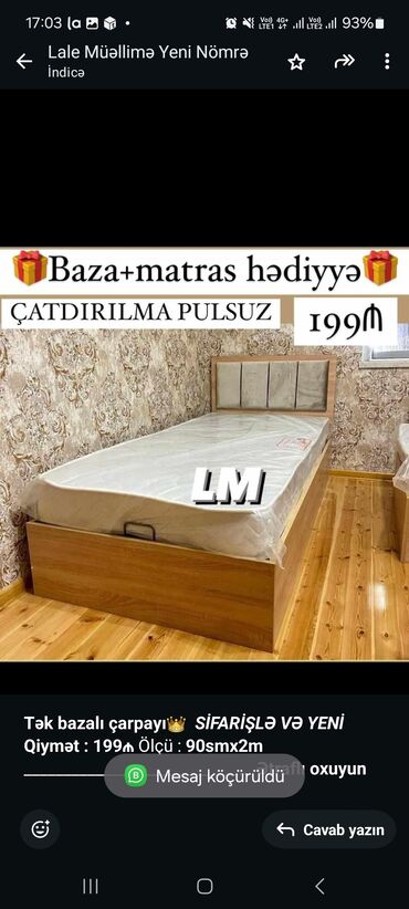 dvux spalni kravat: *Tək bazalı çarpayı*👑 _*SİFARİŞLƏ VƏ YENİ*_ *Qiymət : 199₼* Ölçü 