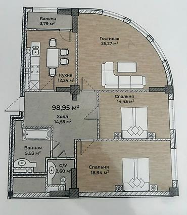 3 комнаты, 99 м², Кок-Жар ж/м Элитка, 4 этаж, ПСО (под самоотделку)