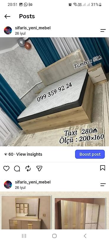 Mebel dəsti – taxt və tumbalar - Taxt: 200×160 sm ölçüdə, yumşaq