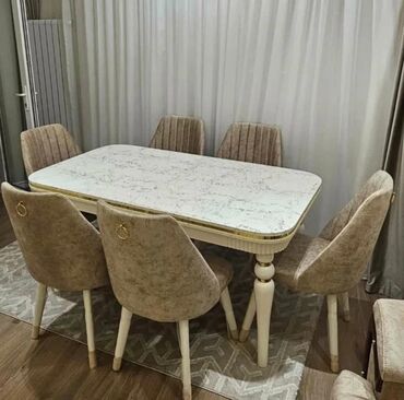 Masa və oturacaq dəstləri: Qonaq otağı üçün, Yeni, Açılan, Dördbucaq masa, 6 stul — 6