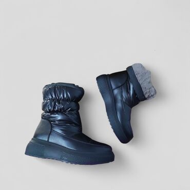 зимный обувь: Зимние женские дутики/сапоги черного цвета - Верх: комбинированный