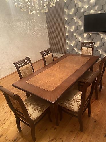 stol dəstləri: Yemək otağı dəsti – masa + 6 stul - Material: massiv ağac karkas, üst — 1