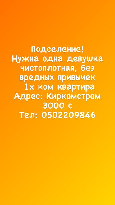 комнату с подселением аламедин 1: Квартира с подселением нужна одна девушка