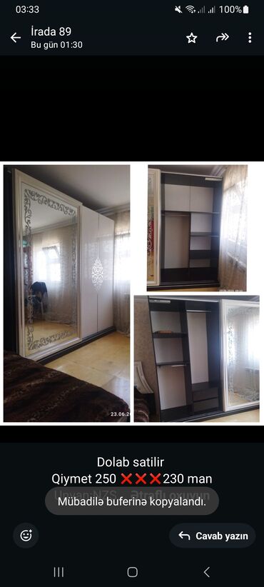 Mətbəx mebeli: Dolab satilir 
Qiymet 250 ❌️❌️❌️230 man
Unvan:NZS 
4907 S Irada8️⃣9️⃣