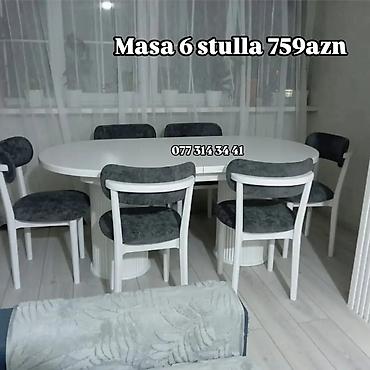 Masa və oturacaq dəstləri: Masa + 6 stul dəsti - Oval formalı geniş yemək masası - 6 ədəd yumşaq — 1