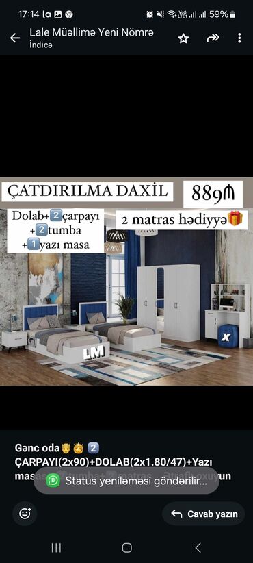 turk yataq mebelleri: *Gənc oda🤴👸 2️⃣ÇARPAYI(2x90)+DOLAB(2x1.80/47)+Yazı