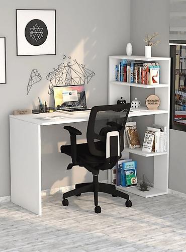 стул кожаный: Ağ, 120x50 sm Məhsul: L formalı iş/oxu masası və kitab rəfi — 3