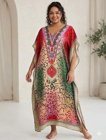 pull: Duga kaftan haljina sa V-izrezom, u više živopisnih varijanti boja — 3