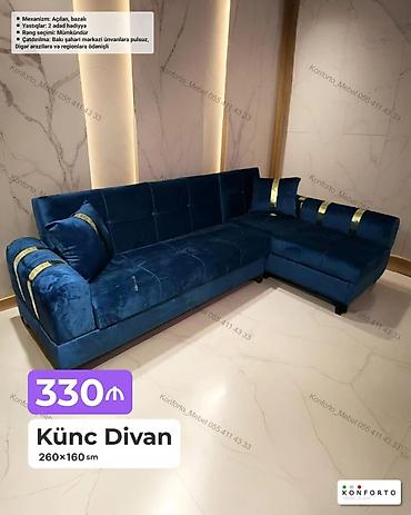 Künc divan – 260×160 sm - Mexanizm: açılan, bazalı (yataq funksiyası