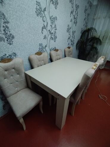 stol stul bag ucun: Qonaq otağı üçün, İşlənmiş, Açılan, Dördbucaq masa, 6 stul, Azərbaycan