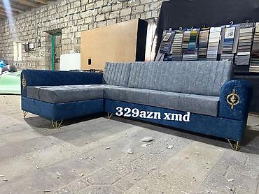 matbax mebeli: L‑şəkilli yumşaq künc divan - Rəng: tünd mavi korpus + boz oturacaq — 1