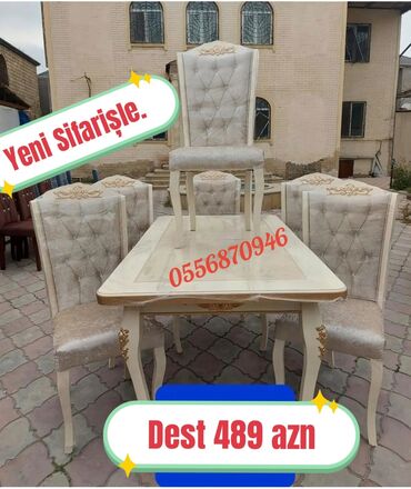 Masa və oturacaq dəstləri: Qonaq otağı üçün, Yeni, Açılmayan, Dördbucaq masa, 6 stul — 21