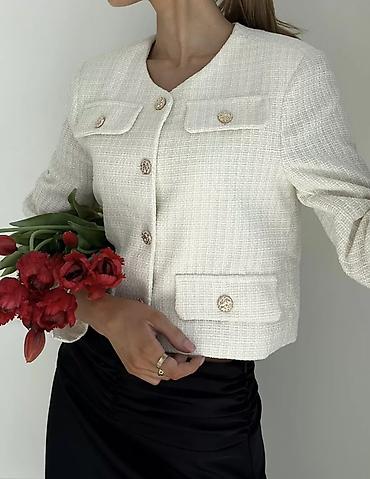 white coat: Жакет твидовый укороченный, молочно‑белый голубой, черный — 2