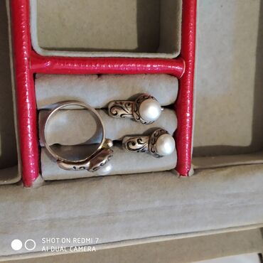 кольцо для платье: Серебро, комплект, жемчуг натуральный, размер кольца 17