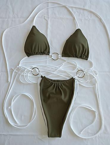 dva srca slike: Bikini set – maslinasto zeleni, sa ukrasnim metalnim prstenovima - — 4