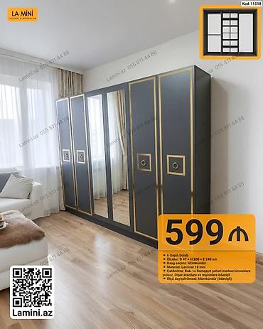 Dolablar: 6 qapılı dolab. Ölçüləri: dərinlik 47 sm, hündürlük 200 sm, en 240 — 1