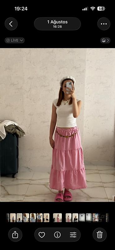 Çəhrayı rəngdə maxi ətək - Model: qat-qat dizayna malik uzun (maxi)