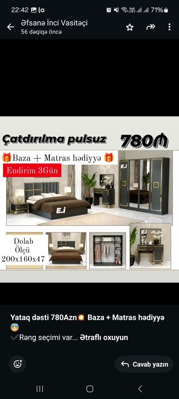 Sifarişlə divanlar: *Yataq dəsti 780Azn 🎁Baza + Matras hədiyyə🎁* ✔️Rəng seçimi var ✔️ Ölçü