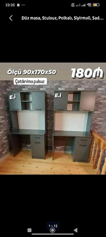 ofis stolu: Düz iş masası – stulsuz, üst hissəsi polkalı və qapalı dolablı, yan — 1