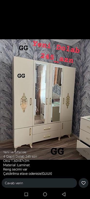 bez dolab: Yeni, 4 qapılı, Güzgülü, Açılan, Düz dolab — 4
