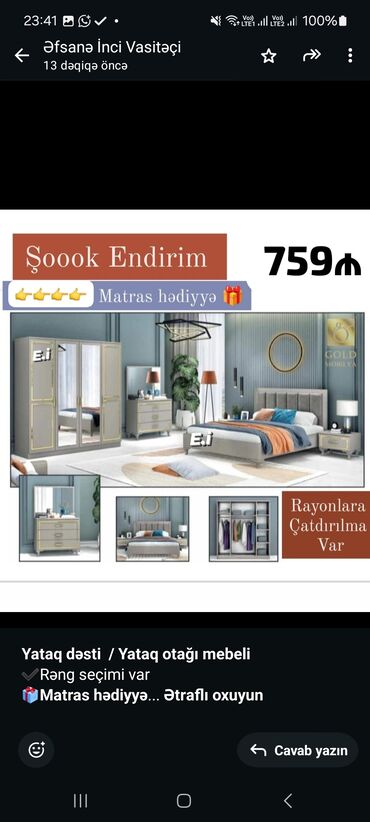Masa və oturacaq dəstləri: *Yataq dəsti / Yataq otağı mebeli* ✔️Rəng seçimi var *🎁Matras